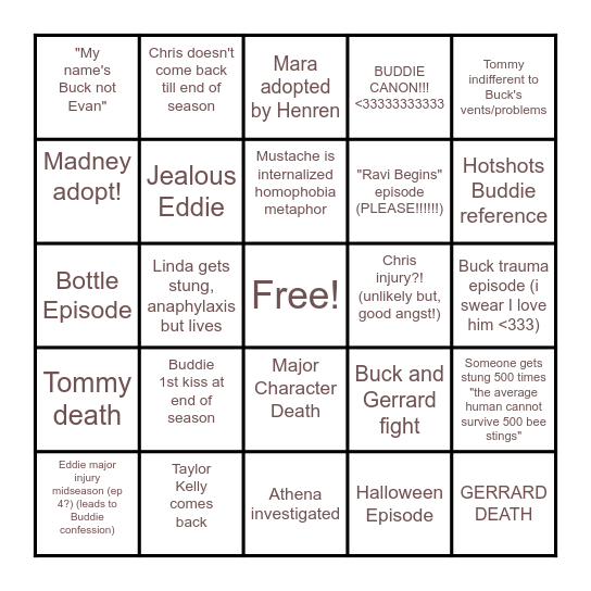 911 Season 8 Bingo Card