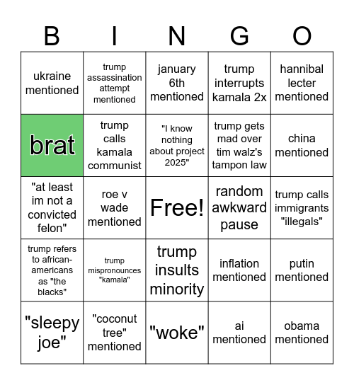 kamala vs trump debate bingo Card