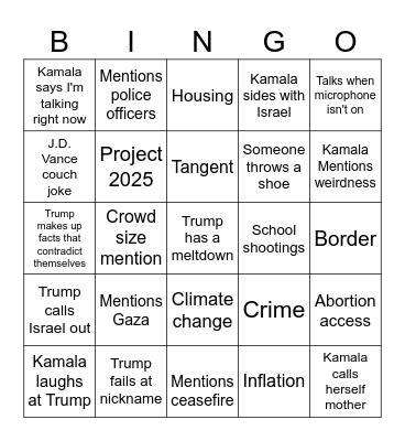 Pres. Debate Bingo Card