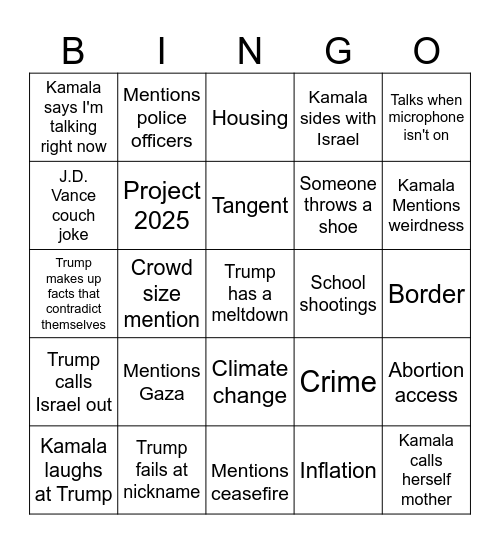 Pres. Debate Bingo Card