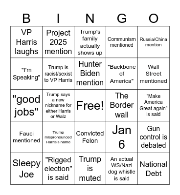 Presidential debate BINGO Card