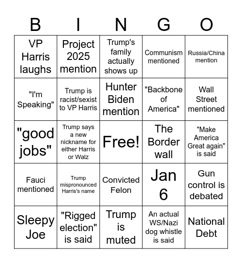 Presidential debate BINGO Card