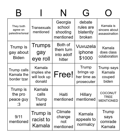 Trump vs Kamala Bingo Card