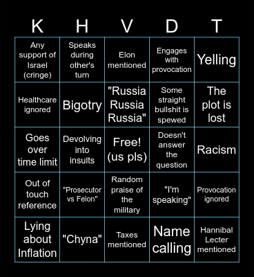 Harris v Trump Debate Bingo 2024 Bingo Card