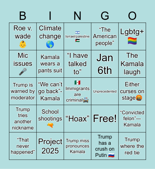 The presidential debate Bingo Card