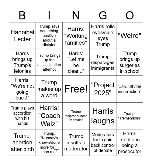 2024 Presidential Debate Bingo Card