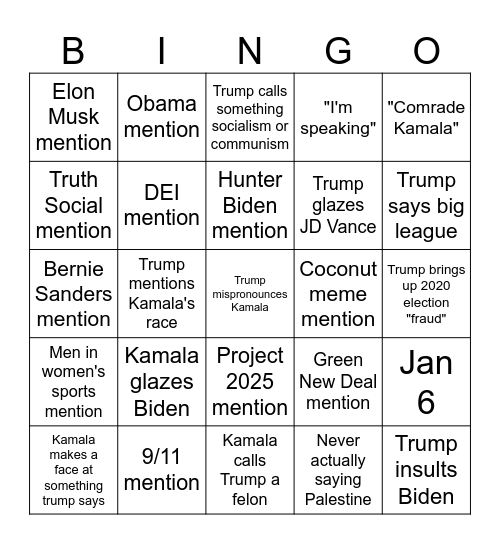 presidential debate Bingo Card