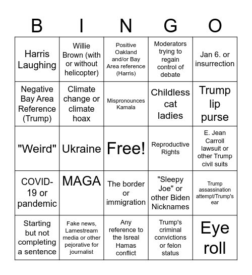 Presidential Debate Bingo Card