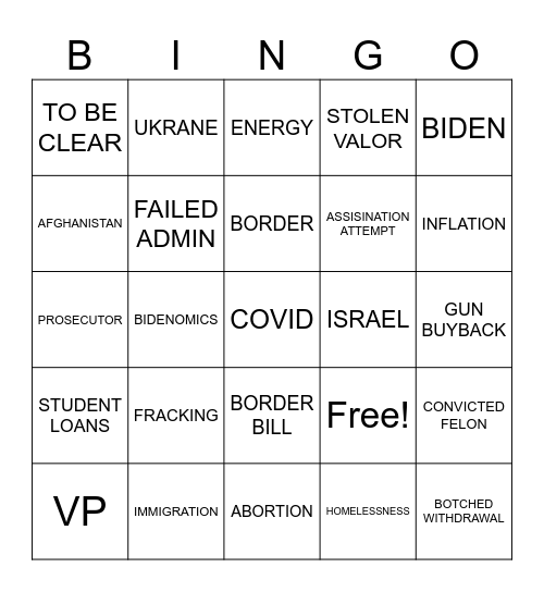 Trump v. Harris Presidential Debate Bingo Card