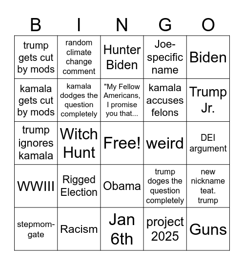 2024 Presidential Election Bingon't Bingo Card