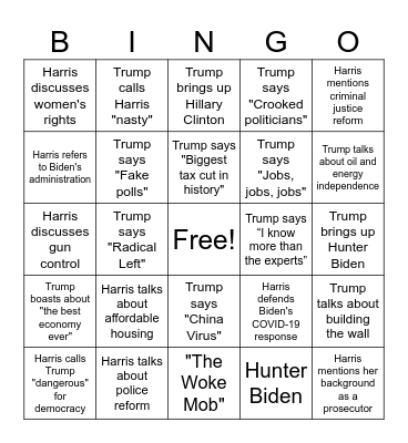 Trump Harris Debate Bingo Card