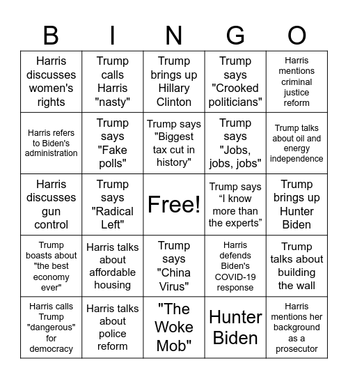 Trump Harris Debate Bingo Card