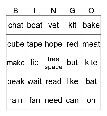 Short & Long Vowel Bingo Card