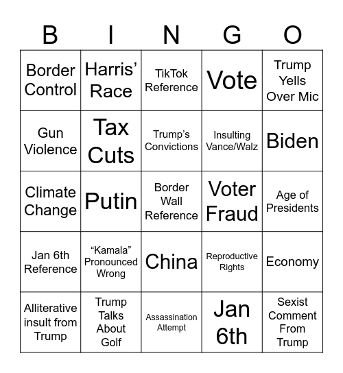 2024 Debate Bingo Card