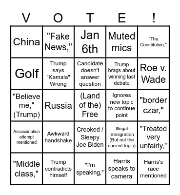 Harris v Trump Debate Bingo Card