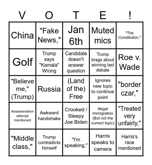 Harris v Trump Debate Bingo Card