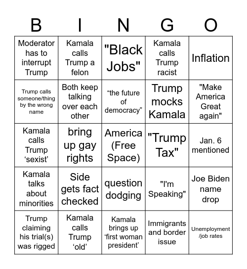 2024 Presidential Debate Bingo Card