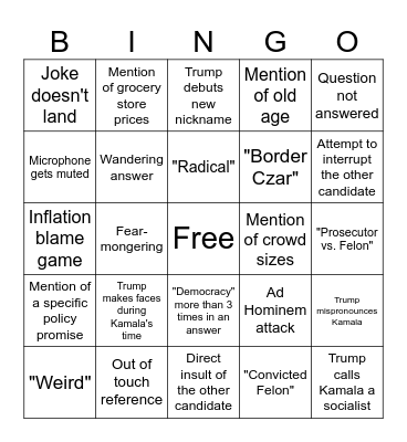 2024 Presidential Debate Bingo Card
