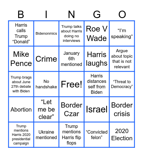 2024 Harris-Trump Debate Bingo Card