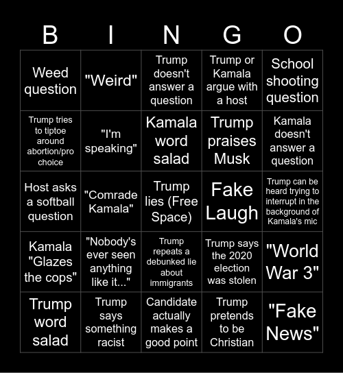 2024 Presidential Debate (Let's get this sh*t over with) Bingo Card