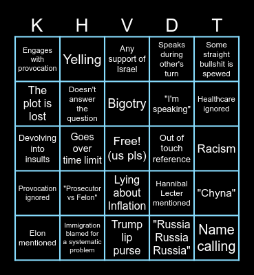 Harris v Trump Debate Bingo 2024 Bingo Card