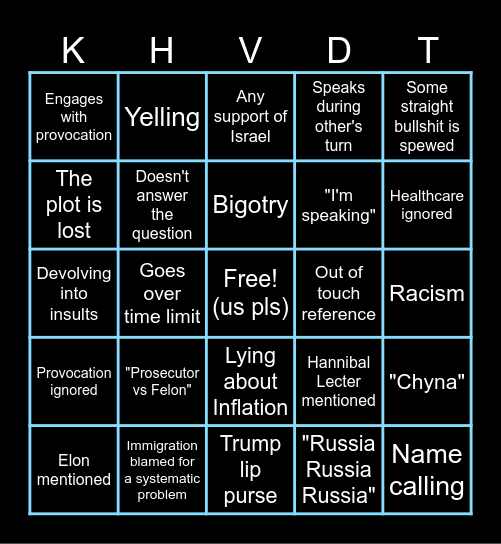 Harris v Trump Debate Bingo 2024 Bingo Card