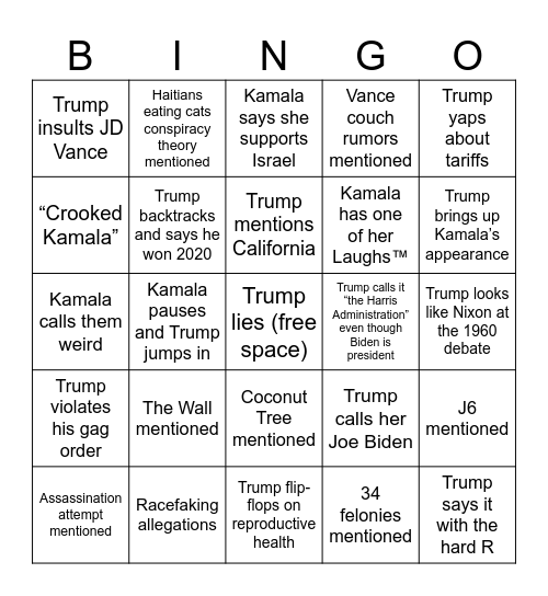 Presidential Debate Bingo Card