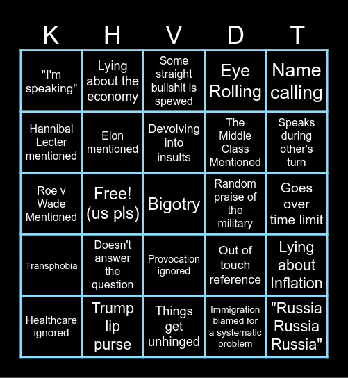 Harris v Trump Debate Bingo 2024 Bingo Card