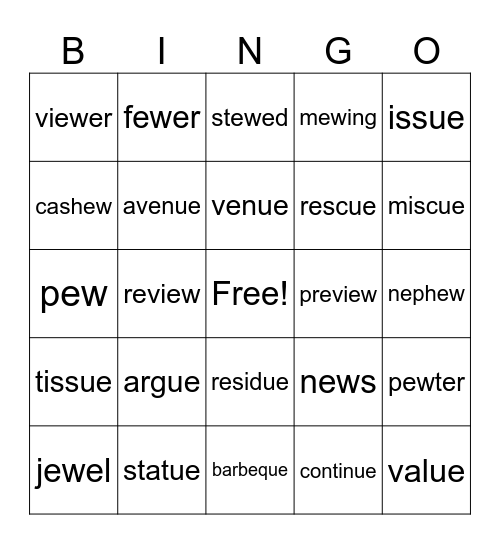 Long "u" BINGO Card