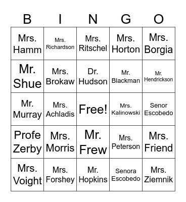 RRHS Teachers Bingo Card