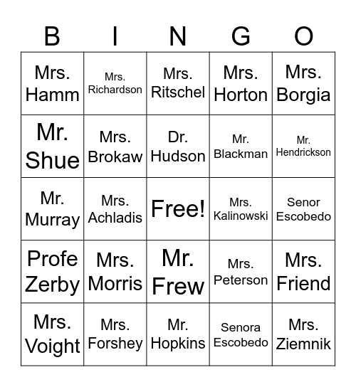 RRHS Teachers Bingo Card