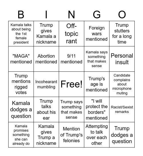 Pressy Debate Bingo Card