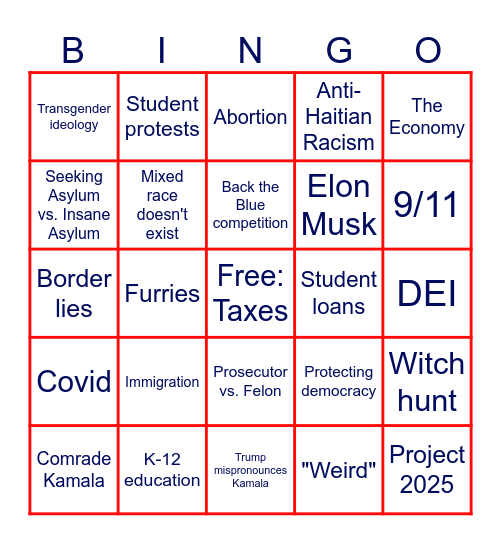 Trump vs. Kamala Bingo Card