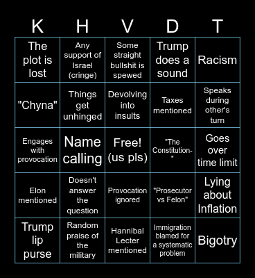 Harris v Trump Debate Bingo 2024 Bingo Card