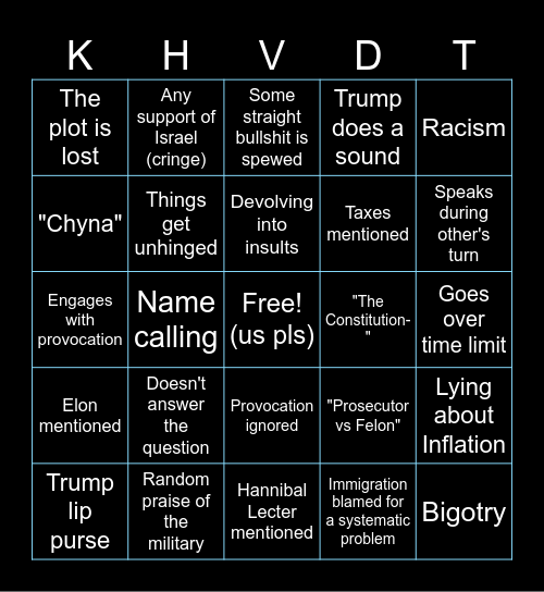Harris v Trump Debate Bingo 2024 Bingo Card
