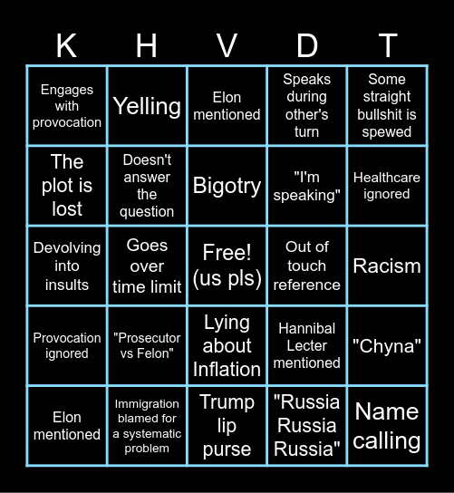 Harris v Trump Debate Bingo 2024 Bingo Card