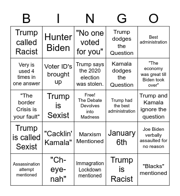 Presidential Debate Bingo Card