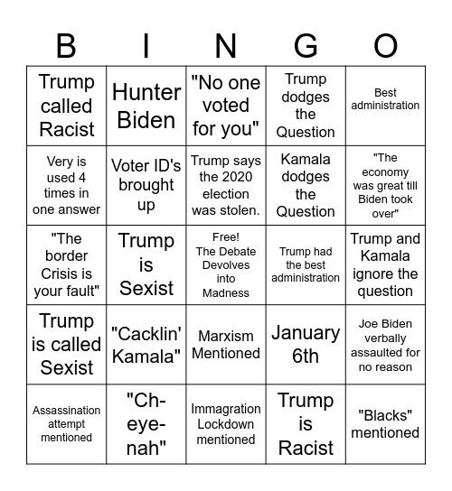 Presidential Debate Bingo Card