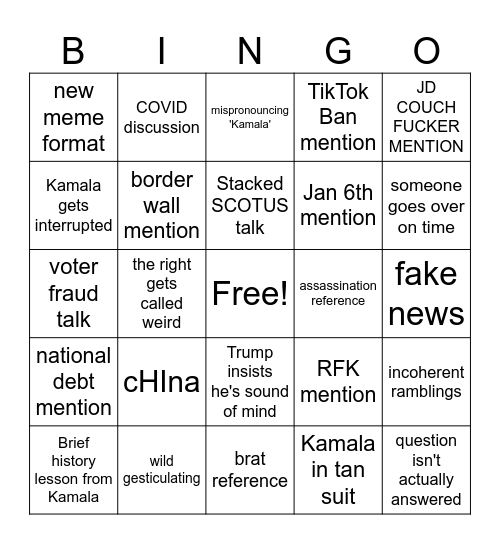 Presidential Debate Bingo Card