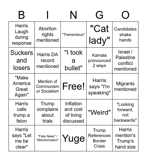 2024 Debate Bingo Card