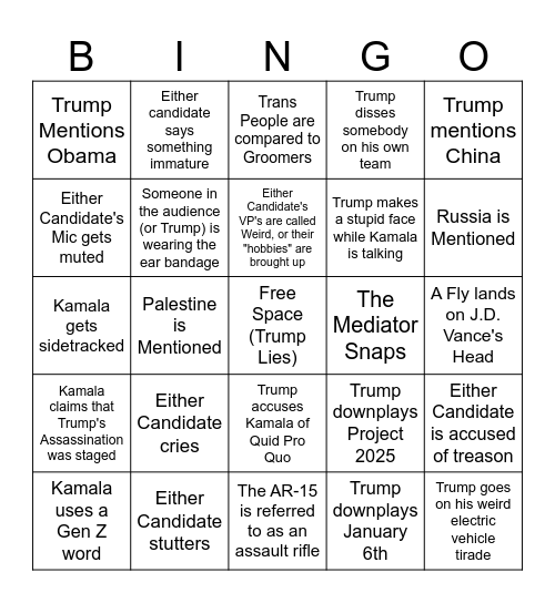 Presidential Debate Bingo Card