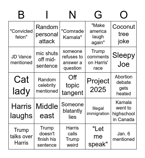 Trump Harris debate Bingo Card