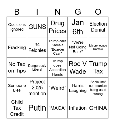 9/10 Debate Bingo Card