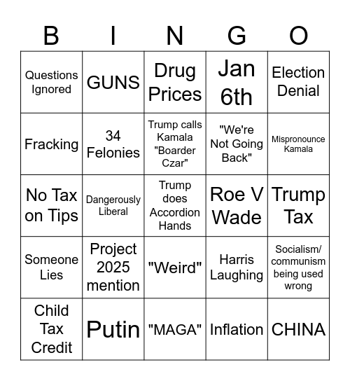 9/10 Debate Bingo Card