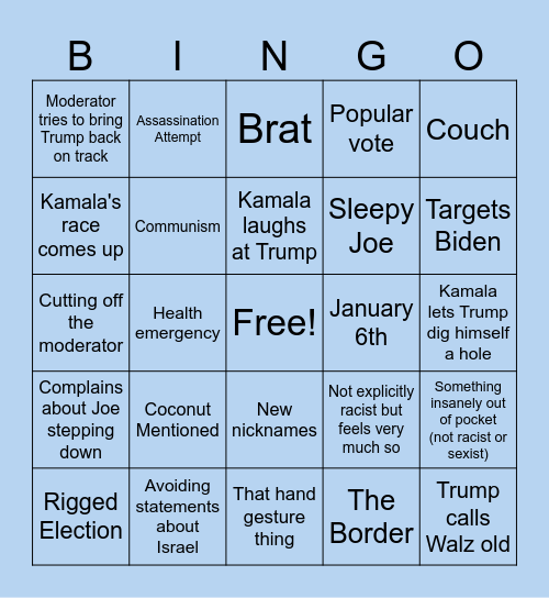 Chai's Debate Insanity Bingo Card