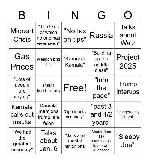 2024 Harris-Trump Debate Bingo Card