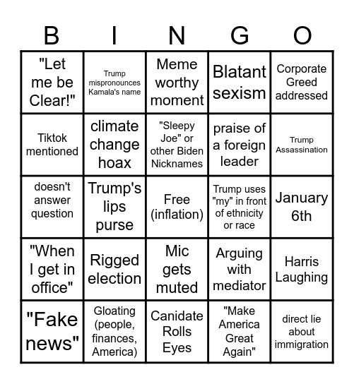 Presidental Debate Bingo Card