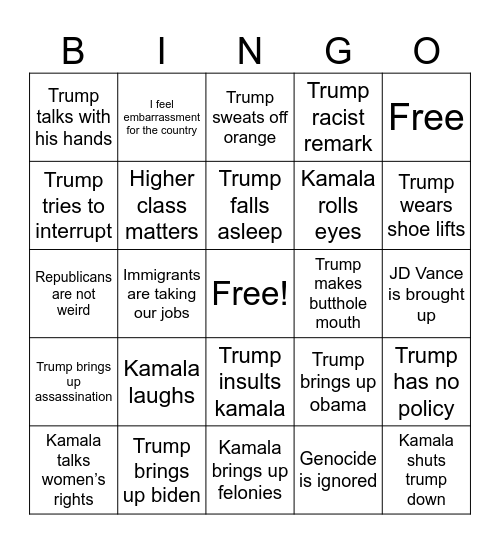 Debate Bingo Card