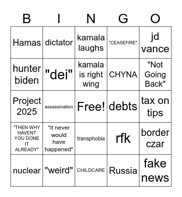 KAMALA TRUMP DEBATE Bingo Card