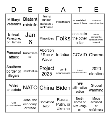 Prez debate bingo Card